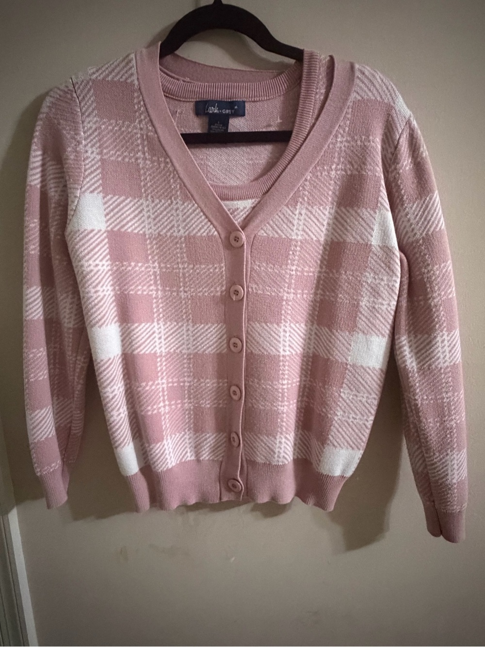 Lark + Grey Pink and White Plaid V-Neck Cardigan Set